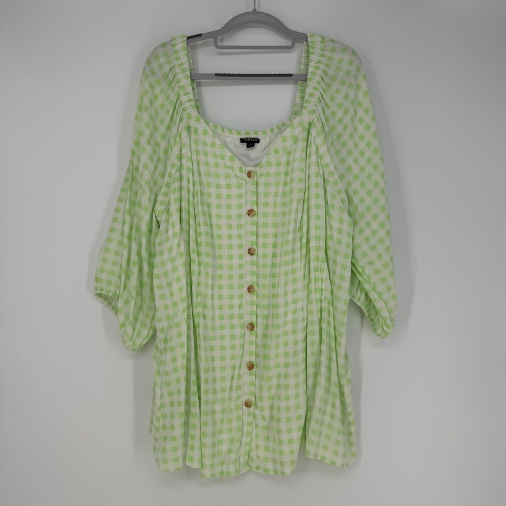 Light Green Gingham Button-Front Women's Top